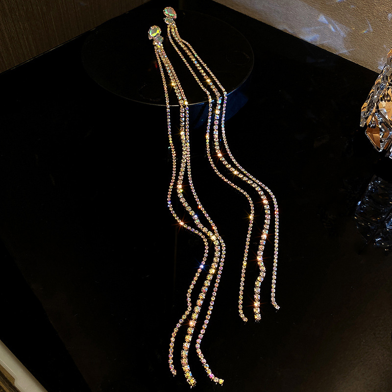 925 Silver Needle Studded Diamond Tassel Earrings European And American Retro Exaggerated Extra Long Earrings Fashionable Temperament Earrings For Women