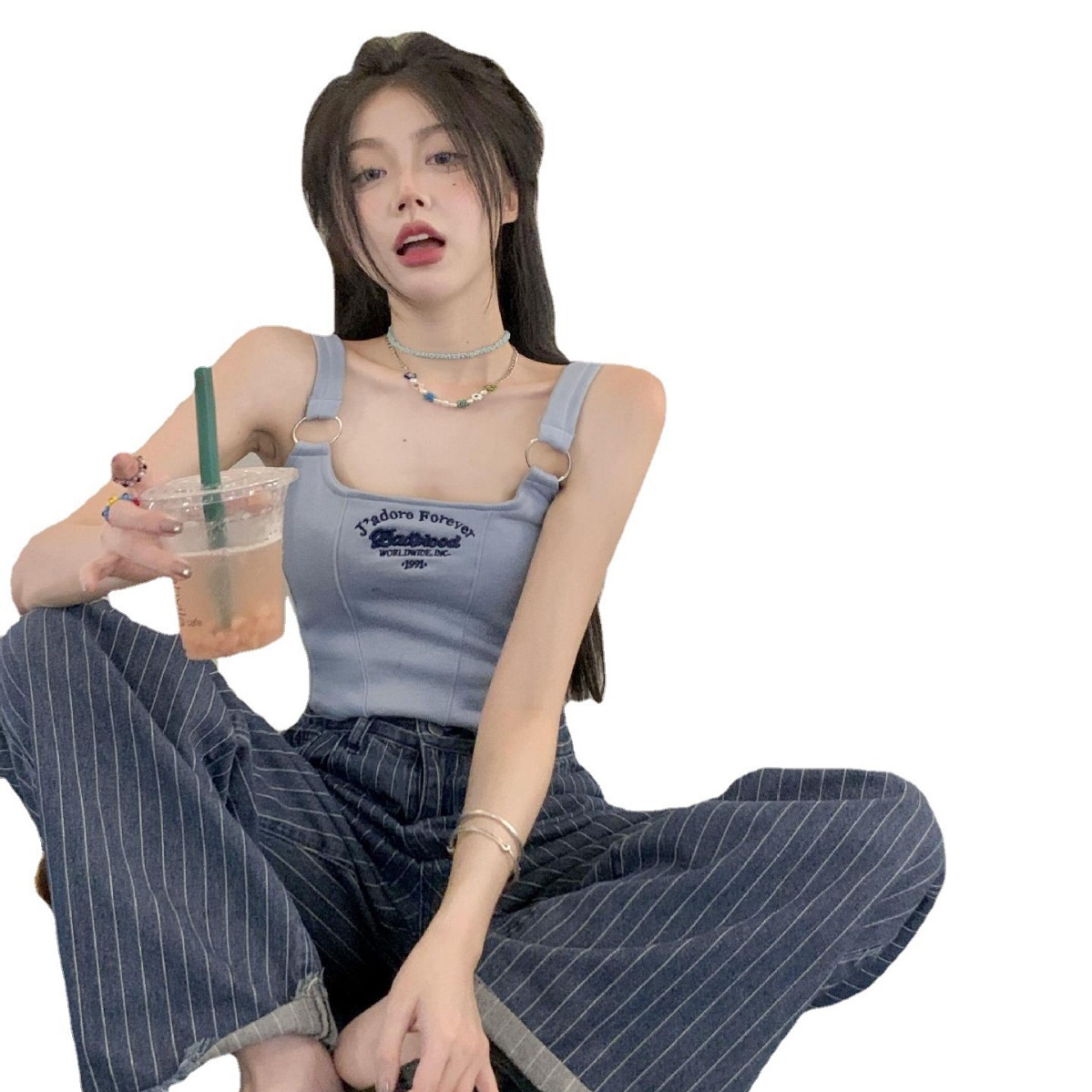 Nueva chica caliente anillo de hierro chaleco pequeño Honda verano viene con almohadilla en el pecho fijo logotipo bordado adelgazamiento Fishbone corto top