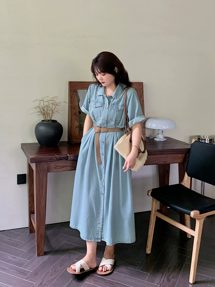 Футболка-платье из денима, дизайнер washed denim, больший размер (70% хлопок, 30% эластан), съемный пояс