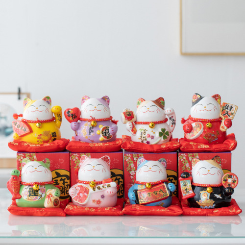 Lucky Cat Figurine Small Store Opening Gift Ceramic Cute Creative Savings Bank Cashier Counter 5-inch
