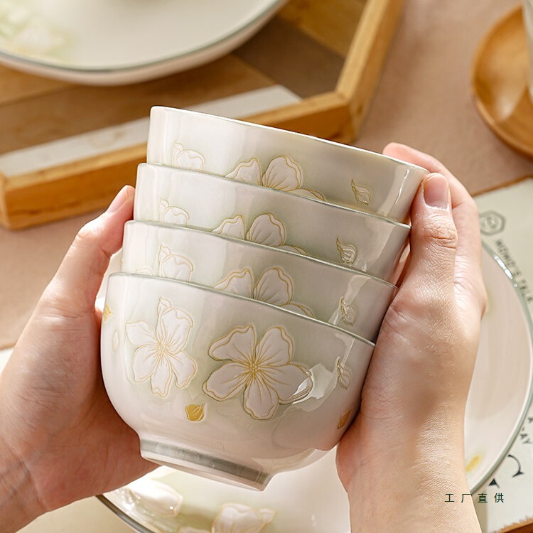 Ceramic Bowl for Home Use 2025 New Model High Aesthetic Microwave-Safe Bowl Small Bowlware Beautiful Rice Bowl Tableware Set