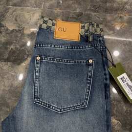 G家高端欧货男士牛仔裤重工印花蓝色修身弹力洗水小脚牛仔裤GC823