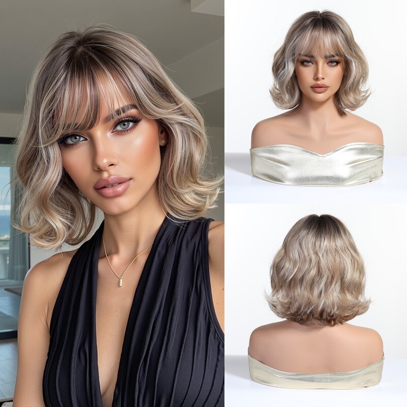 European and American Cross-Border Brown Wig Full Head Set with Bangs Short Curly Hair Bobo Synthetic Fiber Xuchang Wig Cosplay