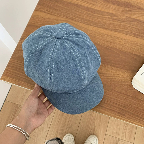 Blue Denim Beret Women's Spring and Autumn Style Japanese Retro Large Brim Blossom Painter Hat Slim Face Small Octagon Hat