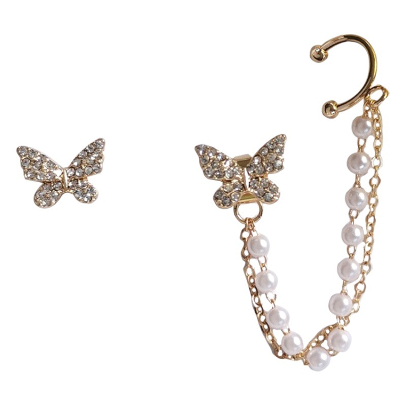 Corea del Sur Dongdaemun moda pendientes de diamantes incrustados pendientes para mujeres Cadena simple de perlas de mujer Super hada mariposa oreja clip pendientes