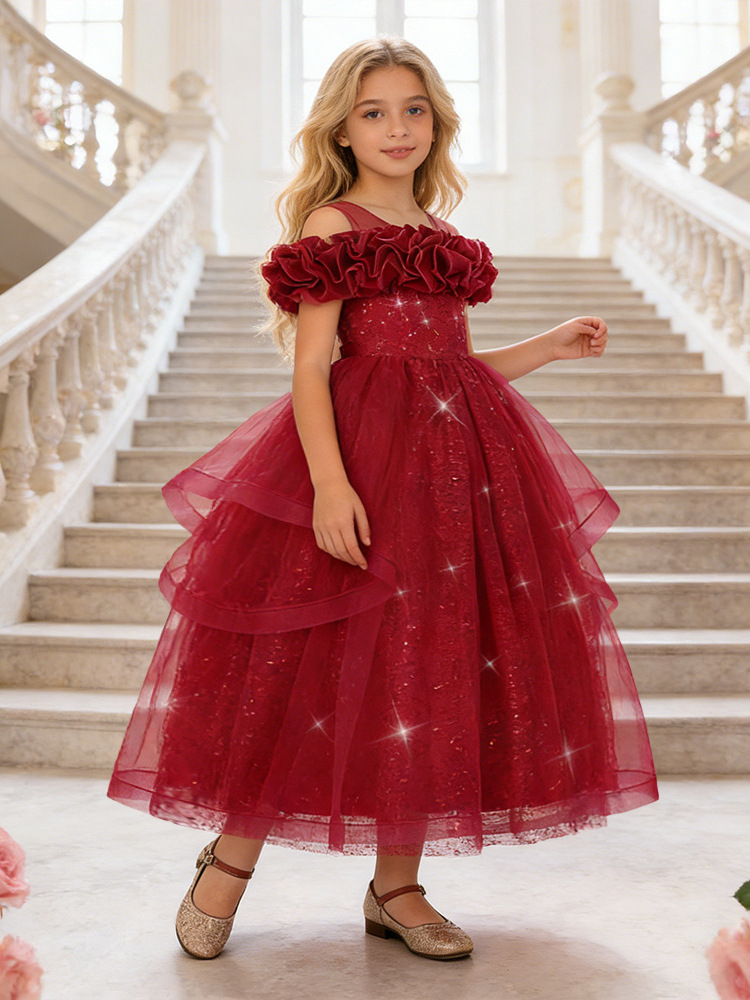 Vestido largo formal para niñas, vestido de satén con falda amplia, vestido infantil para desfiles, vestido para actuaciones, vestido para presentaciones de piano.