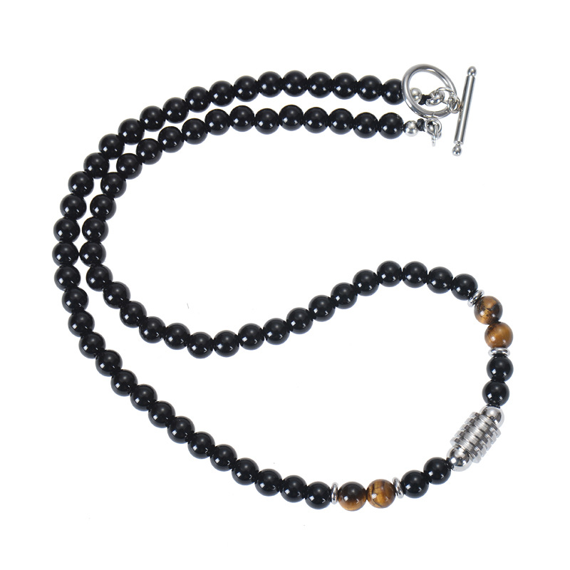 Cross-Border Stainless Steel Men's Necklace 6mm Natural Tiger Eye Stone Necklace Obsidian Beaded Ot Buckle Necklace