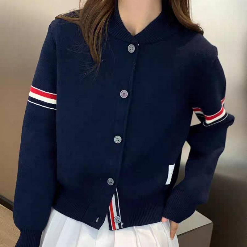 设计感双袖撞色条纹立领针织开衫女气质上衣短外套棒球服|undefined