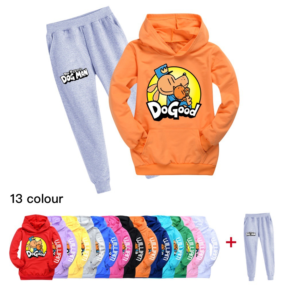 Hund Mann 2023 Frühling Herbst Neue Mittlere größe kinder Cartoon Jungen und Mädchen Mit Kapuze Pullover Set_voghion.com
