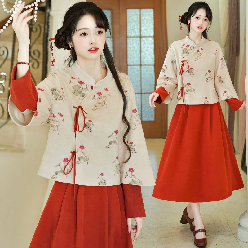 Реичный снимок нового китайского ретро-китайского стиля плавающий национальный ветер Шэн наклонный воротник шнуровка с улучшенным принтом