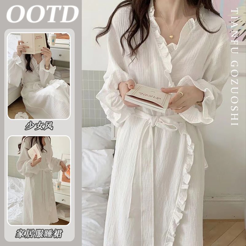 Factory Wholesale Imitation Cotton Nightgown for Girls Spring and Autumn Korean Style Simple Ruffled Long-Sleeved Mid-Length Bathrobe Nightgown with Rope