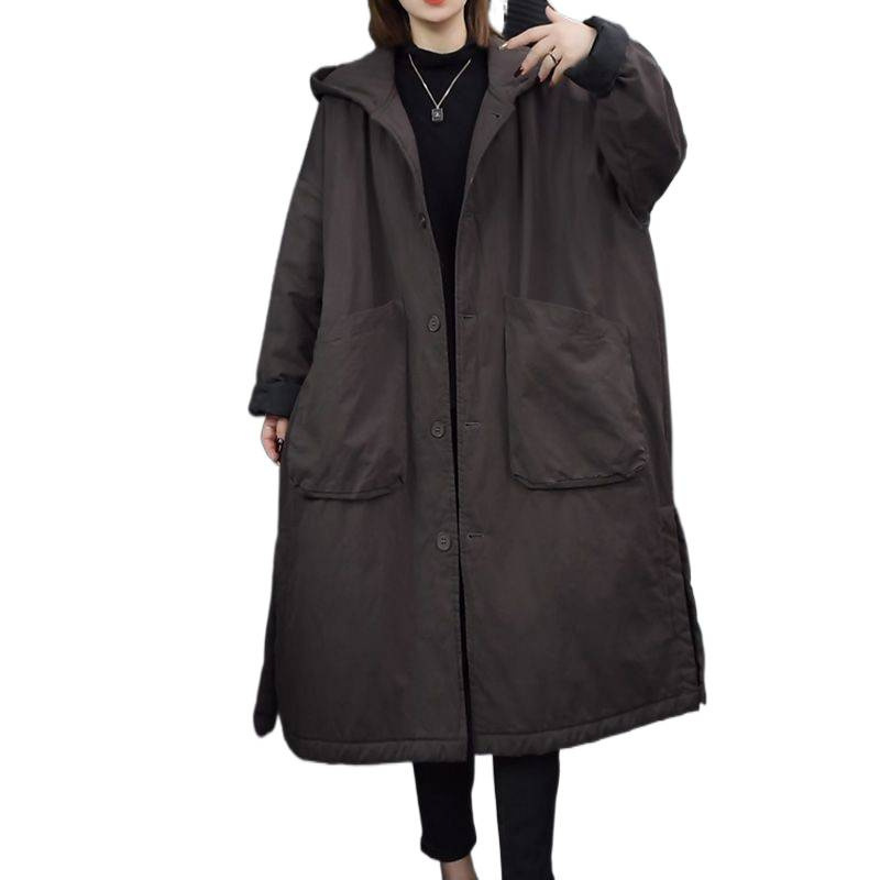 欧货黑色连帽长款棉服女冬季加厚保暖棉衣大码宽松遮肚显瘦棉袄子|undefined