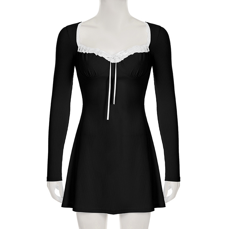 Sexy Girlish Lace Stitching Pleated Tie V neck Long Sleeve Dress Slimming Cinched Short Dress