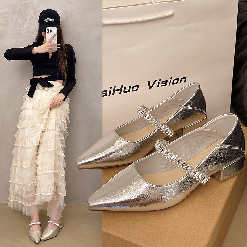 2025 French Fairy Style Pointed Toe High Heels New Summer Temperament Versatile Thick Heel Flats with Skirt Women's Shoes