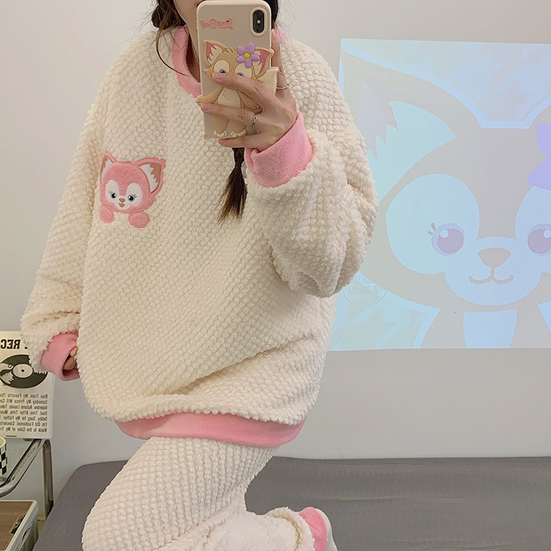 睡衣女生冬季睡衣加厚保暖玫瑰绒绒提花可爱甜美可外穿家居服套装
