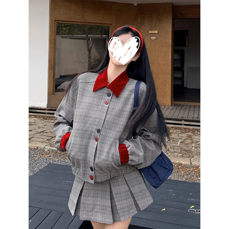 美式小众复古学院风宽松格纹短款长袖外套女2025新款短裙两件套装|undefined