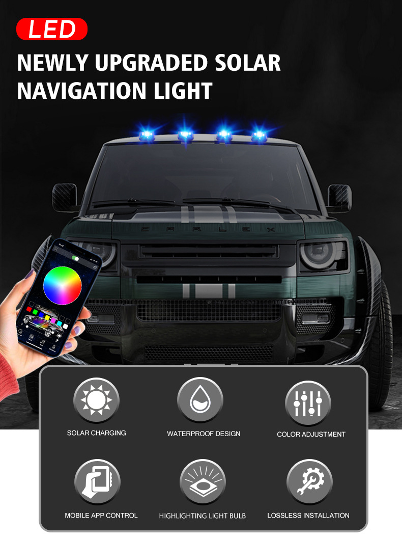New upgraded solar-powered roof navigation light with Bluetooth APP + remote control, dual control multi-color ambient flashing warning light