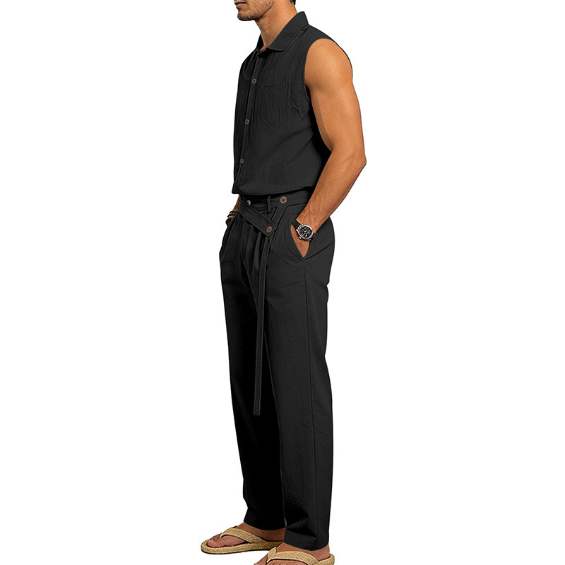 Men's Linen Blend Short Sleeve Shirt And Pants Set Breathable Casual Summer Outfit Comfortable Relaxed Fit_viptrois.com