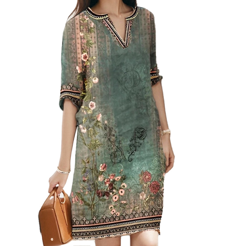Spring Women's Retro Ethnic Style Mid-Length V-Neck Short-Sleeved Casual Dress For Women_ecoleips.com