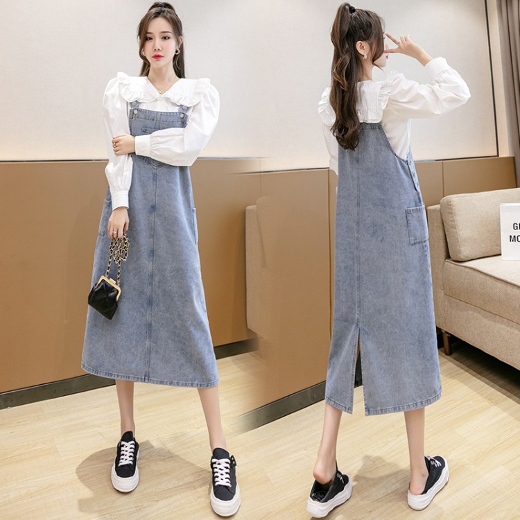 网红牛仔背带裙女2024春夏新款宽松韩版学生遮肚子可爱九分连衣裙