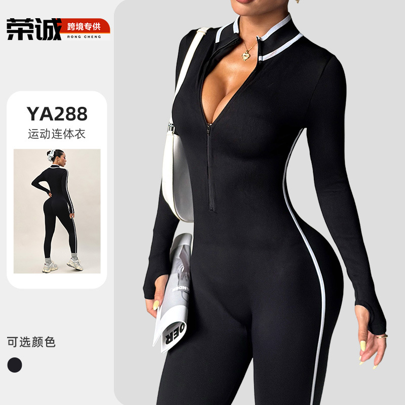 Cross-Border All-In-One Yoga Clothes for Women in Autumn and Winter, Stand-Up Collar, Long-Sleeved Yoga Fitness Clothes, Slim-Fitting Zipper Sportswear Jumpsuit