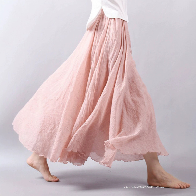 Clearance Sale~ High-Waisted Double-Layered Long Skirt with a Large Flare, Flowing Solid Color Dance Skirt, Versatile A-Line Cotton-Linen Half Skirt
