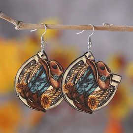 跨境复古西部牛仔帽子靴子马蹄向日葵绿松石耳环双面木质耳坠耳饰