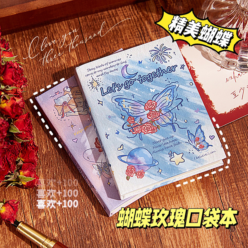 Cuaderno de bolsillo de alto valor Rose Butterfly Mini cuaderno portátil portátil para estudiantes y niñas