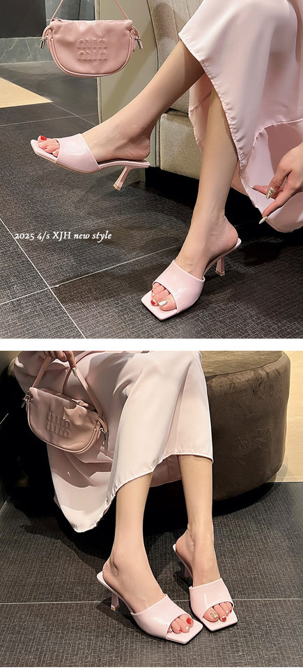 Dép sandal nữ quai ngang mũi vuông hở ngón gót 7 cm — Màu bạc, Màu da báo, Màu hồng, Màu trắng be chi tiết 9