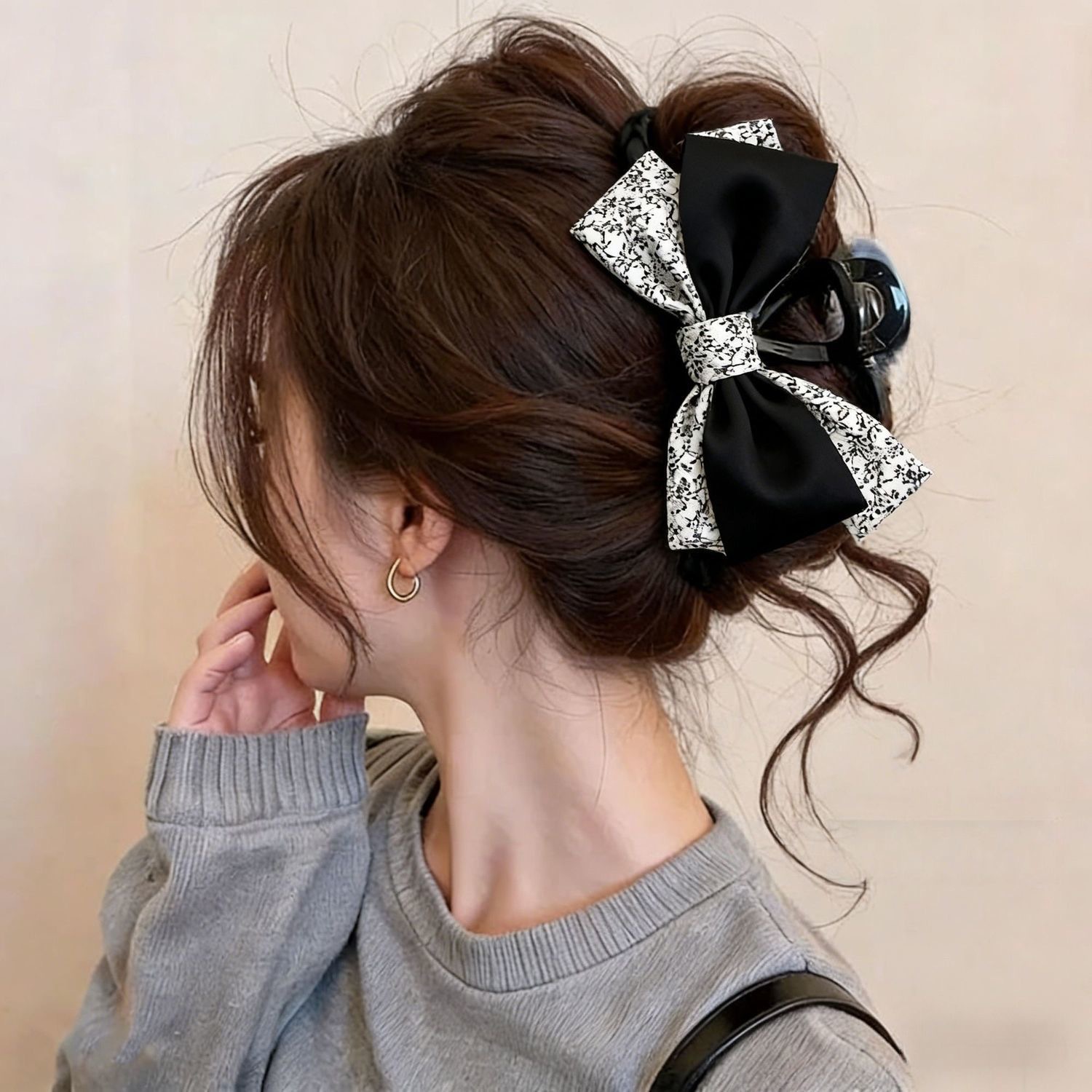6#[black and white] patchwork floral bow about 13cm
