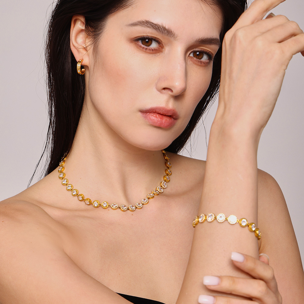 Chain de zircón blanco super brillante con estrellas redondas hechas a mano acero inoxidable chapado en oro real 18K joyas de lujo