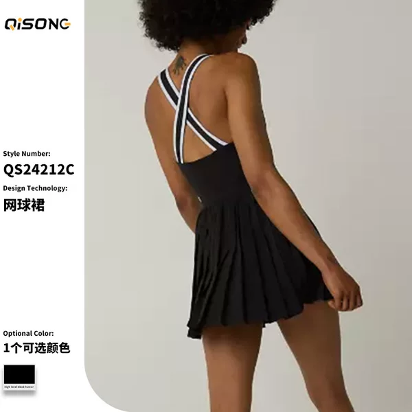 Cross-Border Color-Blocked Cross-Beautiful Back Tennis Skirt Quick-Drying Breathable Pleated Sports Skirt Anti-Exposure with Chest Pad Jumpsuit for Women