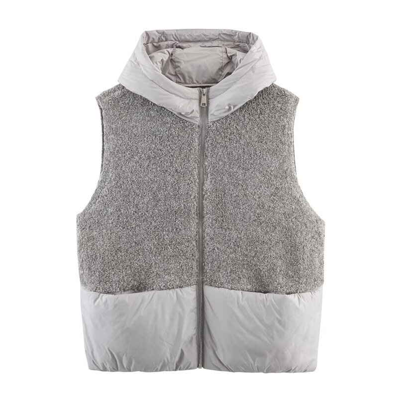 Bsk&Traf Women's 2025 Autum New Towel Needle Quilted Cotton Splicing Hooded Zipper Sleeveless Knitted Vest