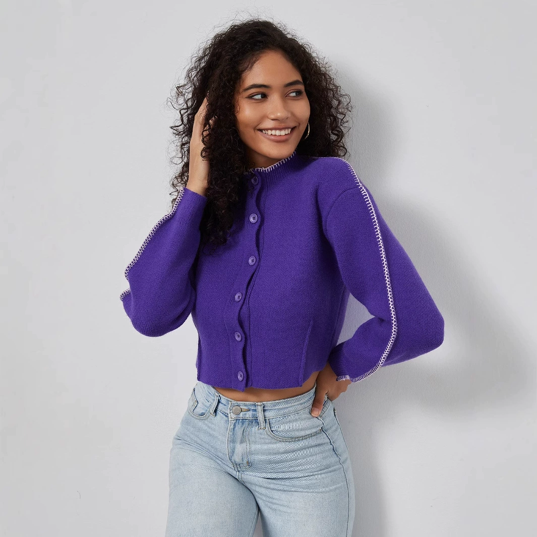 AliExpress Amazon Женская одежда оптом европейский и американский стиль моды лоскутный трикотаж кардиган осень новый короткий топ куртка