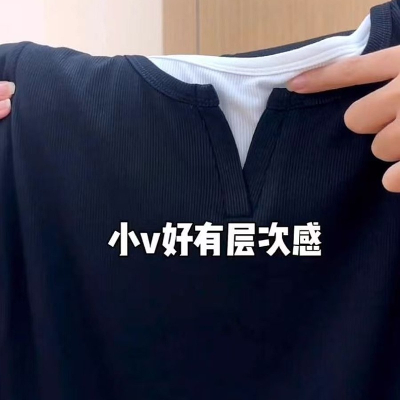 纯棉灰色假两件长袖t恤女秋季新款设计感修身内搭打底衫辣妹上衣|undefined