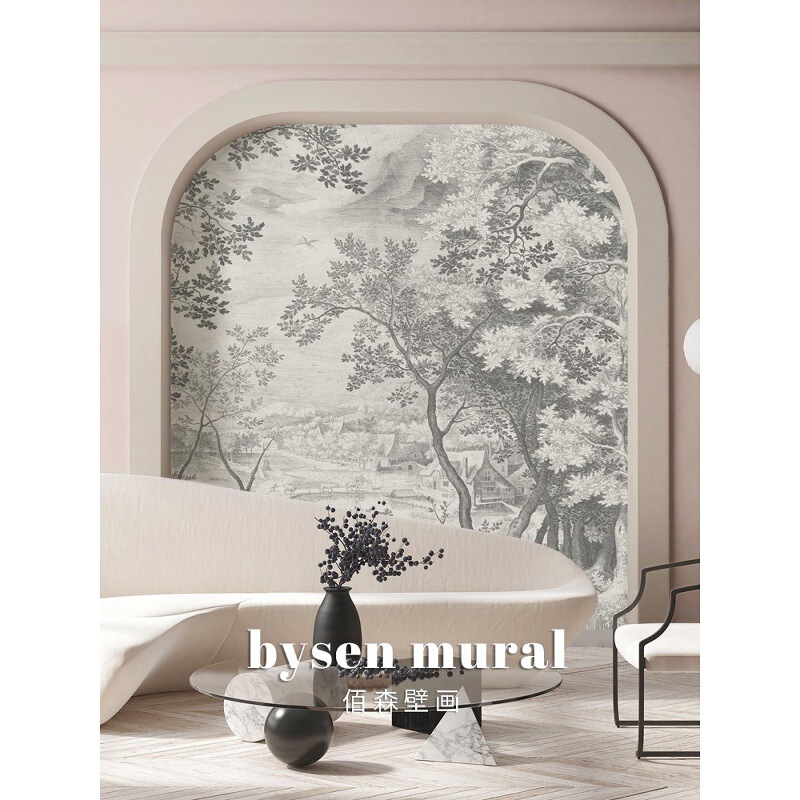 Medieval French Tv Background Wall Wallpaper Hand-Painted Black and White Forest Living Room Bedroom Wall Covering Retro Nanyang Wallpaper