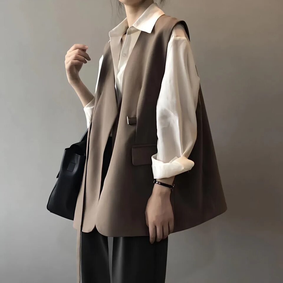 Áo vest nữ dáng rộng cỡ lớn phối lớp phong cách thanh lịch, dài áo 50–65 cm — Kích thước thẻ màu nâu nhỏ, Thẻ đen kích thước nhỏ chi tiết 6