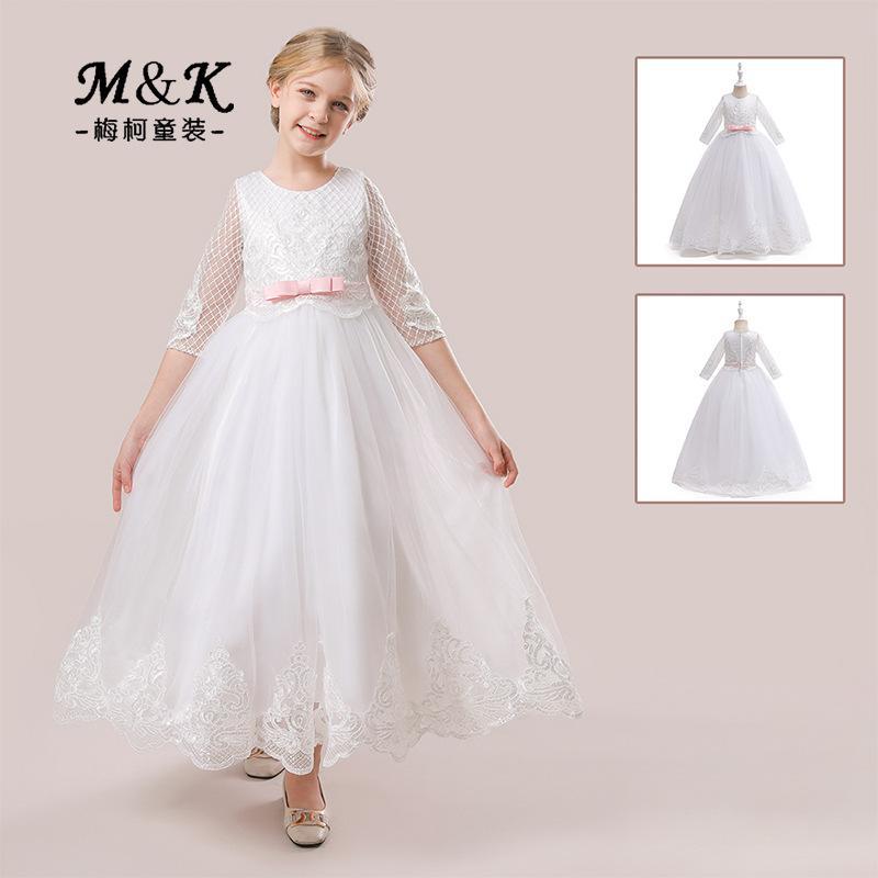 Ropa infantil de nuevo estilo, vestido de tutú blanco elegante de manga media para niña, vestido de princesa dulce, vestido de fiesta para niña de las flores. image 1