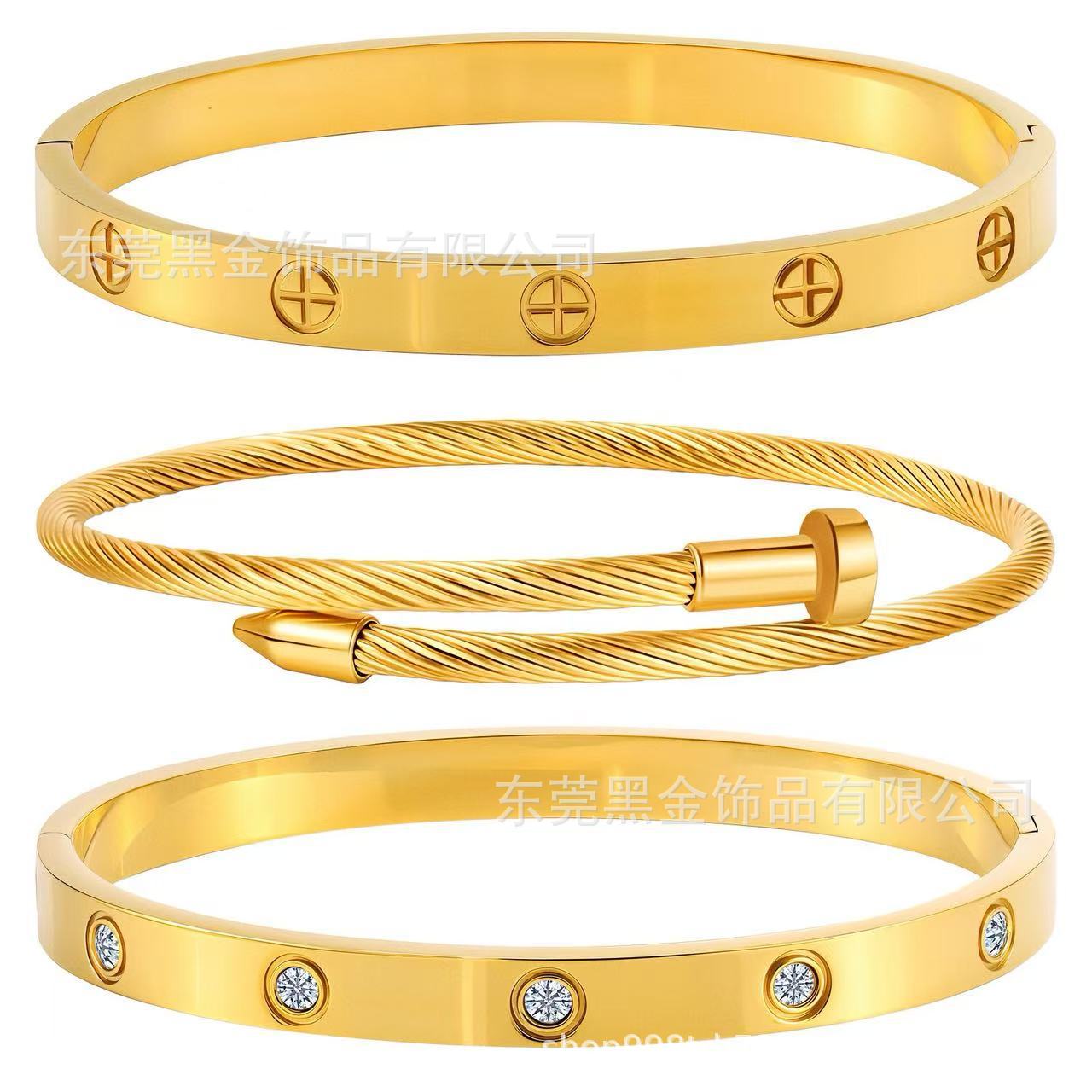 钛钢十颗钻手镯弹簧钉子手镯加号手镯三件套亚马逊热卖不掉色套装