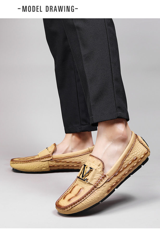 Giày lười nam da bò vân cá sấu mũi tròn, đế bằng, kiểu lái xe cỡ lớn — V6655 màu kaki quý phái, V6655 màu nâu quý ông, V6655 màu đen quý phái, Vàng địa phương V6655 chi tiết 8