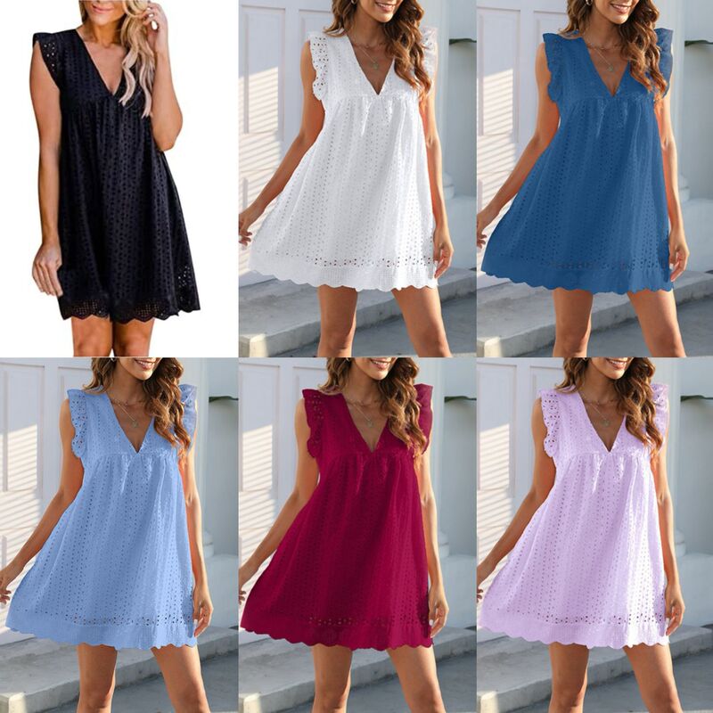 2026 European and American Foreign Trade New Style Mid-Length Lace Dress Jacquard Hollow V-Neck Plus Size Dress with Lining A-Line Skirt Summer