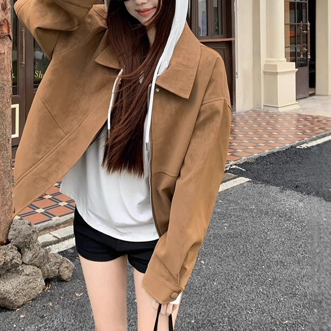 【原版雪花皮】美拉德复古麂皮绒外套女秋季宽松翻领休闲机车夹克|undefined