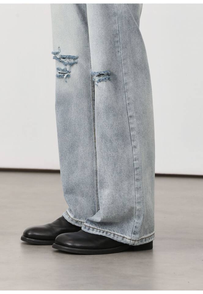 Quần jean nam ống loe nhẹ rách gối phong cách retro, dáng rộng ống suông tôn dáng, quần dài casual — Xanh nhạt, Xanh đậm chi tiết 36