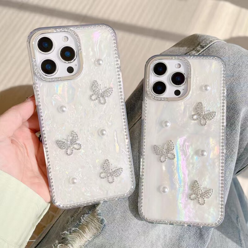 新型ラインストーン貝殻柄iPhone17Proスマホケース 立体パール蝶々付き Apple16耐衝撃保護カバー|undefined