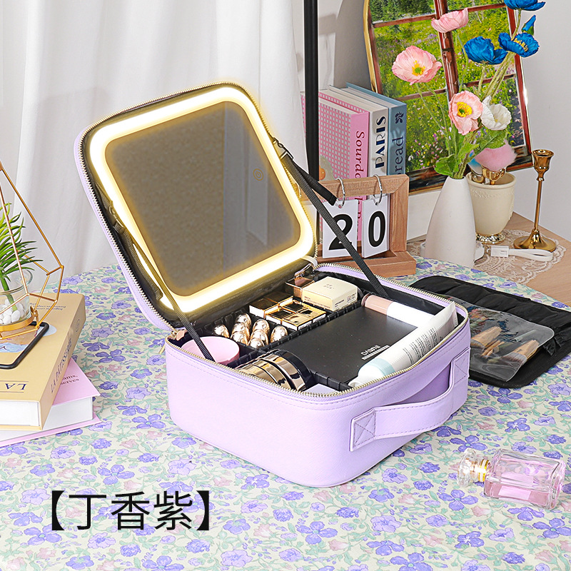 Bolsa de cosméticos con espejo y luz LED de viaje de negocios portátil para mujer bolsa de almacenamiento de cosméticos caja de almacenamiento de cuidado de la piel