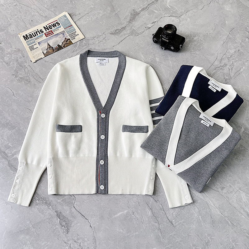 Tb Autumn and Winter New Color-Blocked Sleeves Four-Stripes V Neck Knitted Cardigan Fairy Style Slightly Slim Men's and Women's Jackets