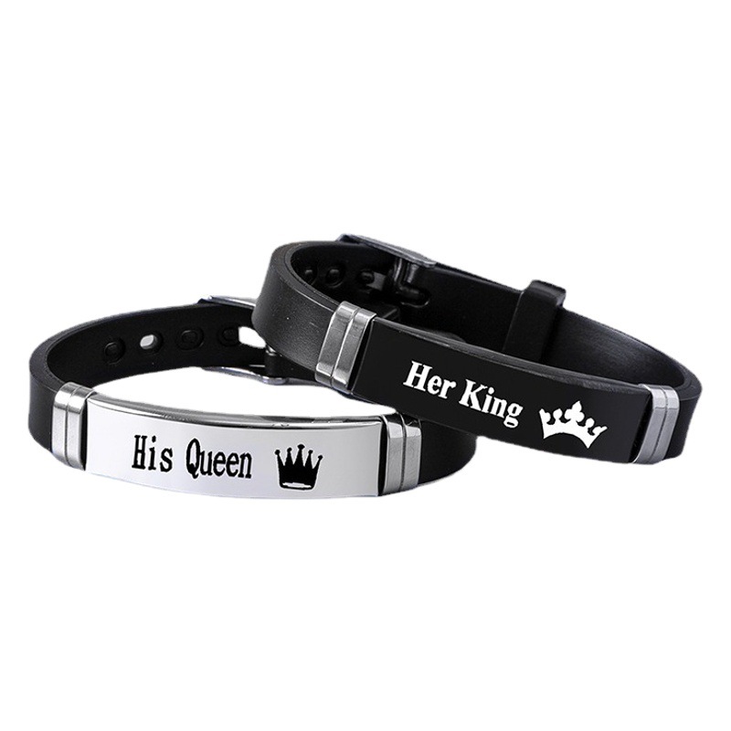 Nueva pareja corona Ker rey Hola reina carta pulsera de silicona de acero inoxidable pulsera de acero negro