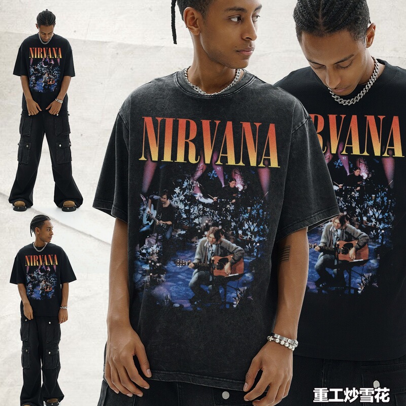 Nirvana Band Vintage Men's T-Shirt American Retro Cross-Border Washed Distressed Small Neckline Heavyweight Men's High Street