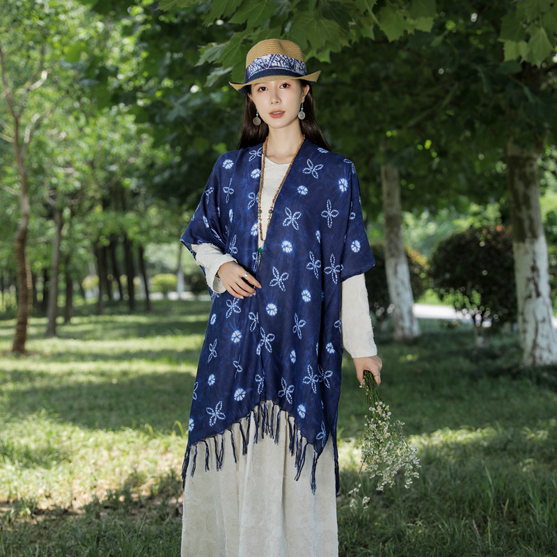 Arte retro cuatro hojas flores tiñidas bufandas bordas decoración exterior cardigan estilo nacional turismo abrigo solar