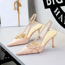 9625-7 French Sweet Wind Side Bow Pointed Back Hollow Straight Buckle Stiletto High Heels Fashion Ladies Banquet Women's Shoes